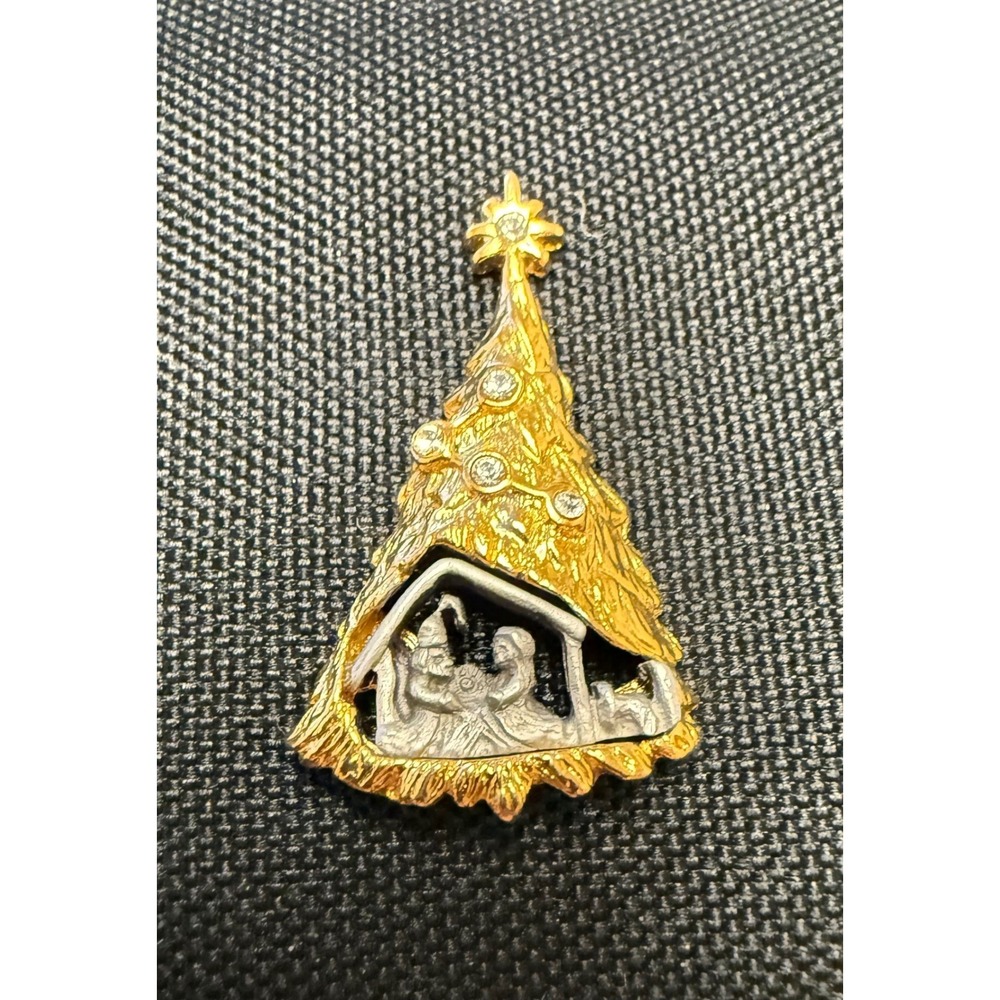 Vintage Gold Tone Rhinestone Pewter Christmas Tree Nativity Lapel Pin by Roman